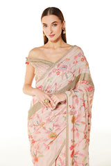 Pink Georgette Zaynab Saree With Off Shoulder Blouse