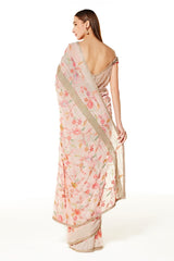 Pink Georgette Zaynab Saree With Off Shoulder Blouse