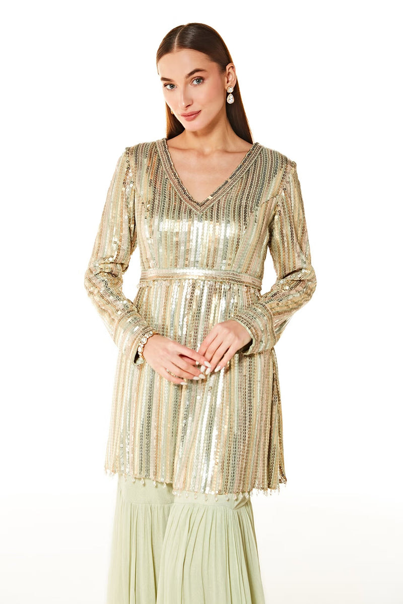 Green Dalia Sequin Embroidered Peplum And Sharara Set