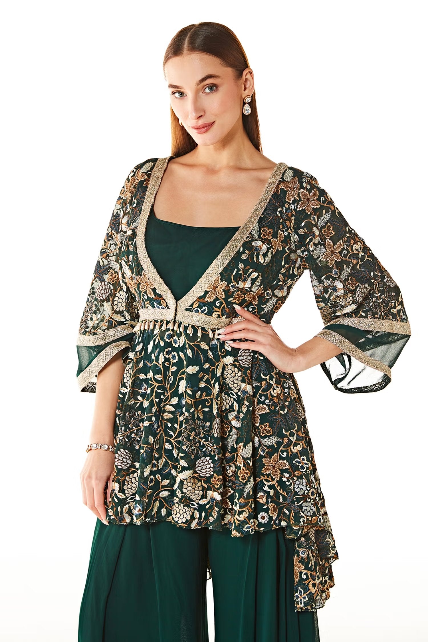 Green Dalia Floristry Embroidered Peplum And Gharara Set