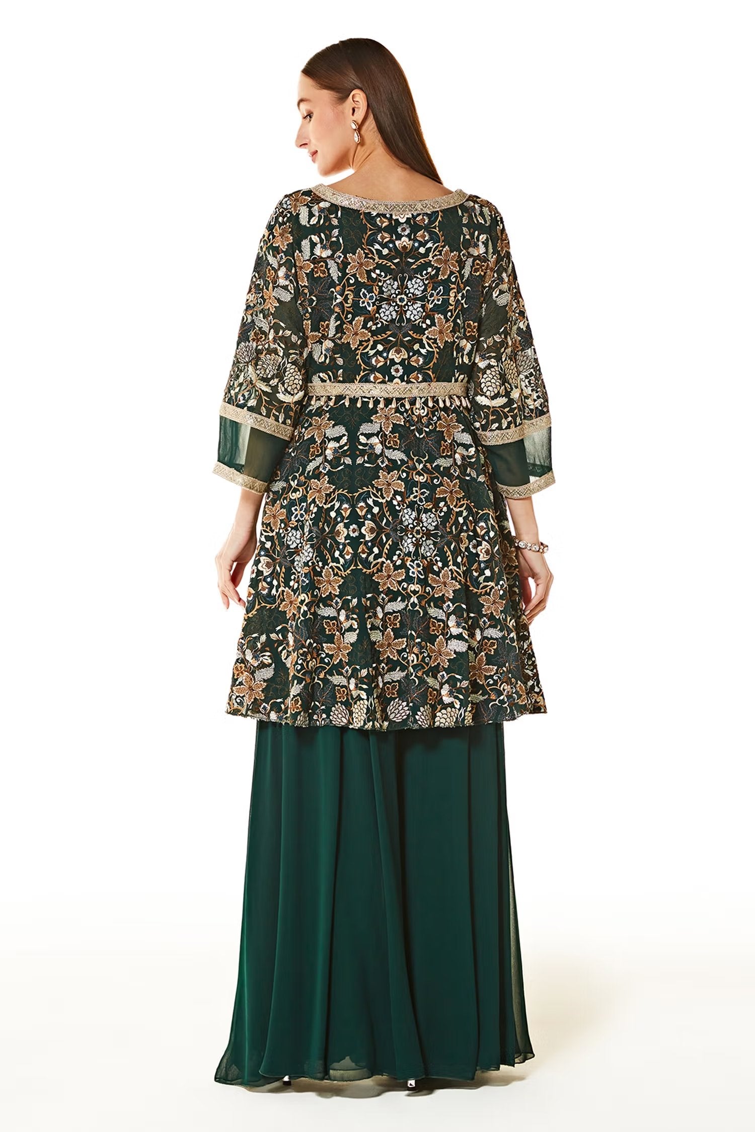 Green Dalia Floristry Embroidered Peplum And Gharara Set