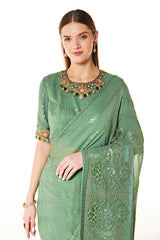 Green Zaynab Stripe Embroidered Saree With Blouse