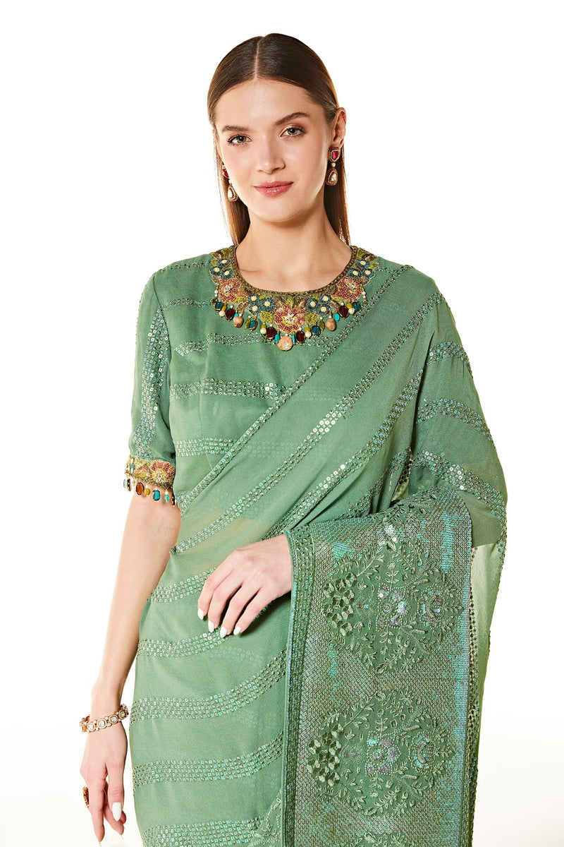 Green Zaynab Stripe Embroidered Saree With Blouse