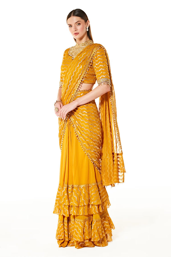 Yellow Georgette Sairaa Layered Pre-draped Saree