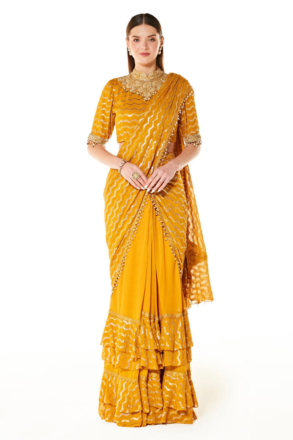 Yellow Georgette Sairaa Layered Pre-draped Saree