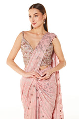 Pink Georgette Sequin Embroidered Pre-draped Saree