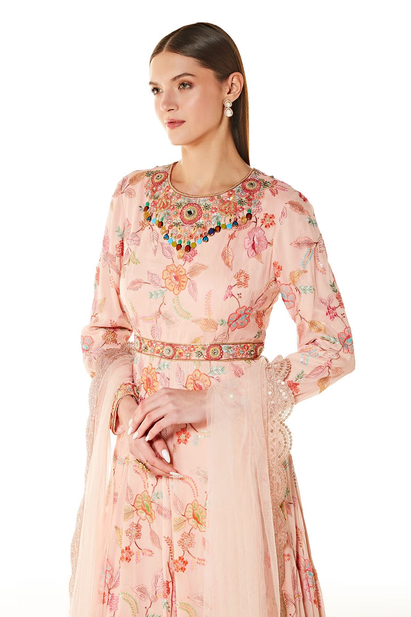 Pink Georgette Tropical Embroidered Anarkali Set