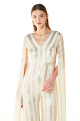 Ivory Georgette Adha Stripe Embroidered Jumpsuit