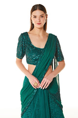 Green Net Adha Embroidered Lehenga Saree With Blouse