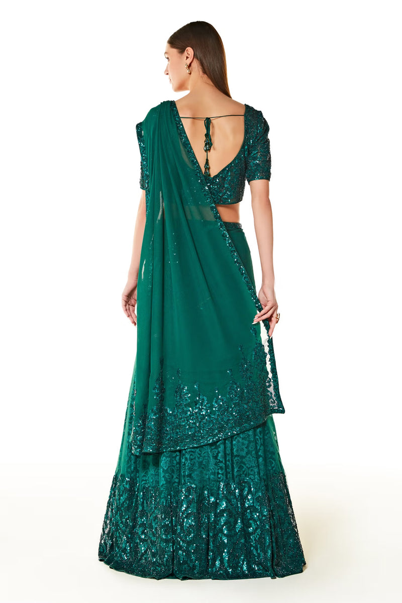 Green Net Adha Embroidered Lehenga Saree With Blouse