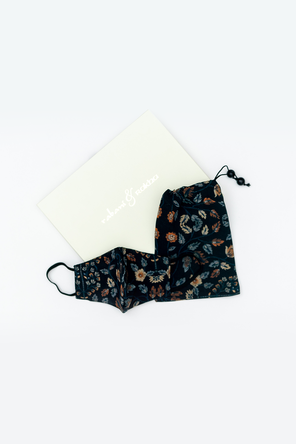 Black & Grey Mughal Garden Print Face Mask & Potli Set