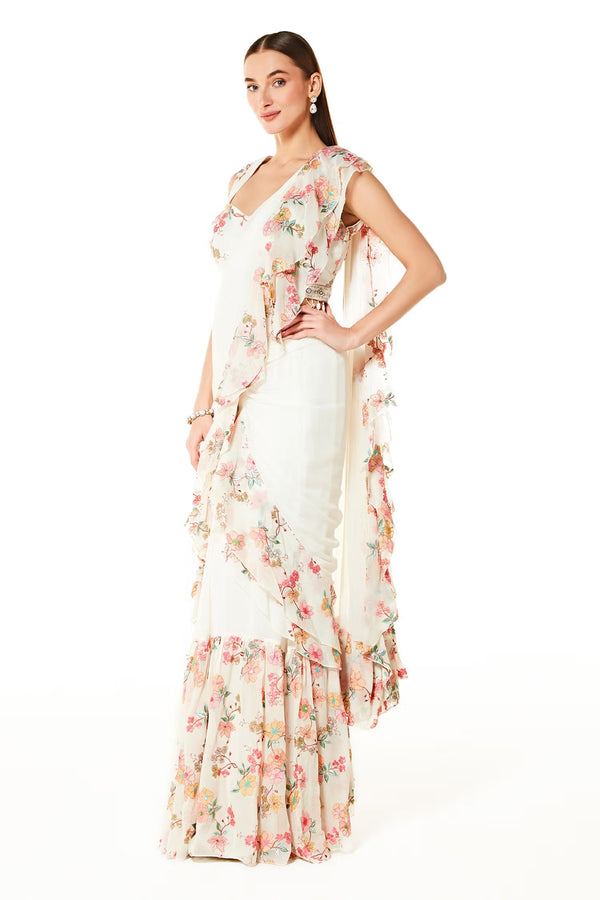 Ivory Georgette Sairaa Ruffle Pre-draped Saree