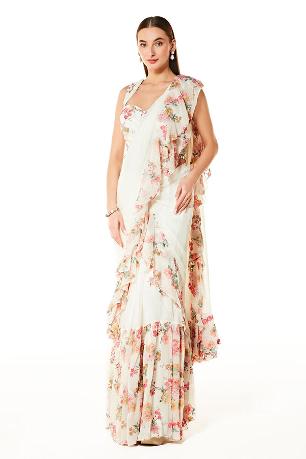 Ivory Georgette Sairaa Ruffle Pre-draped Saree