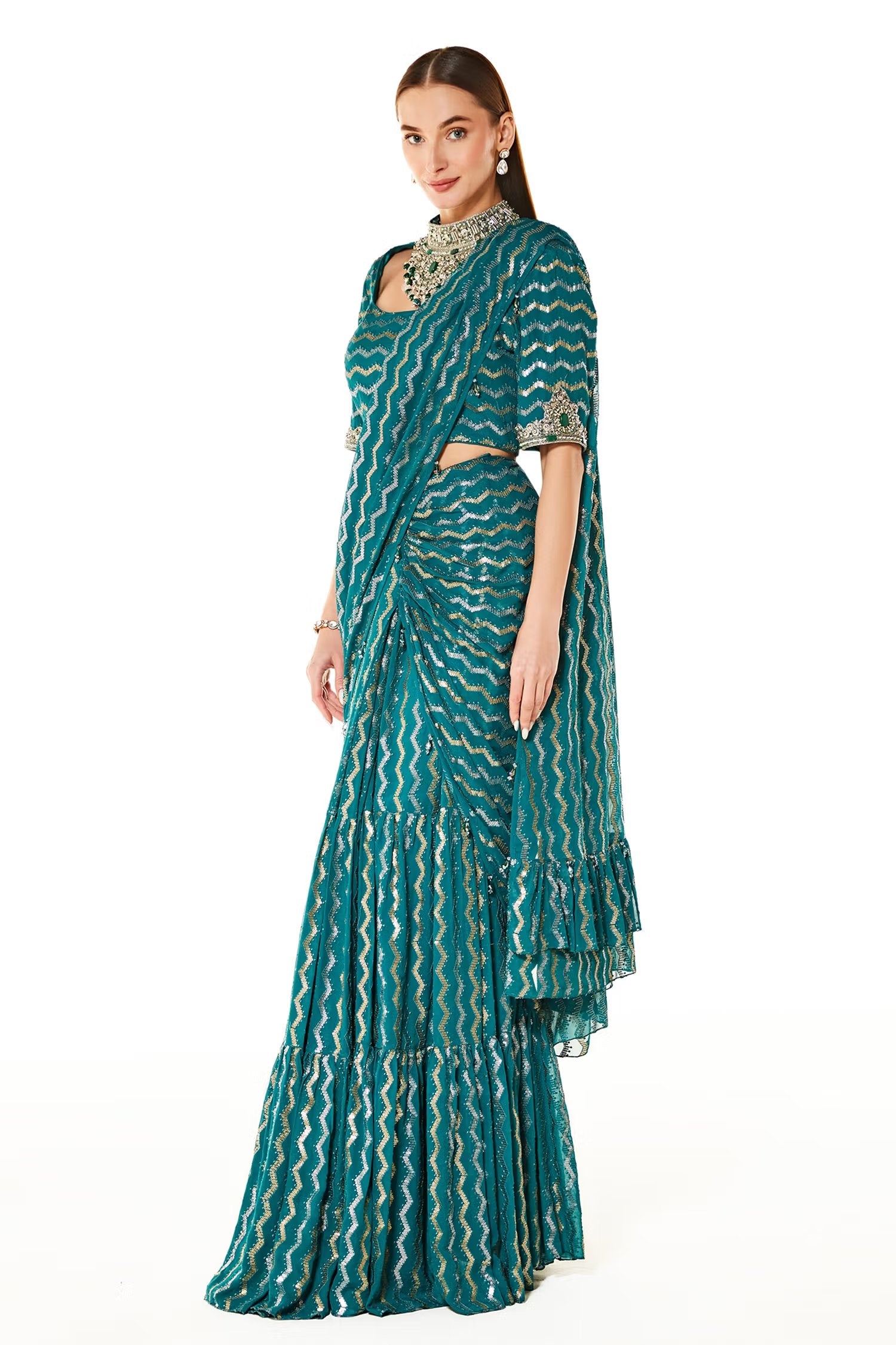 Green Georgette Sairaa Embroidered Pre-draped Saree