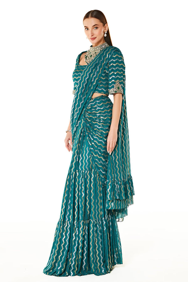 Green Georgette Sairaa Embroidered Pre-draped Saree