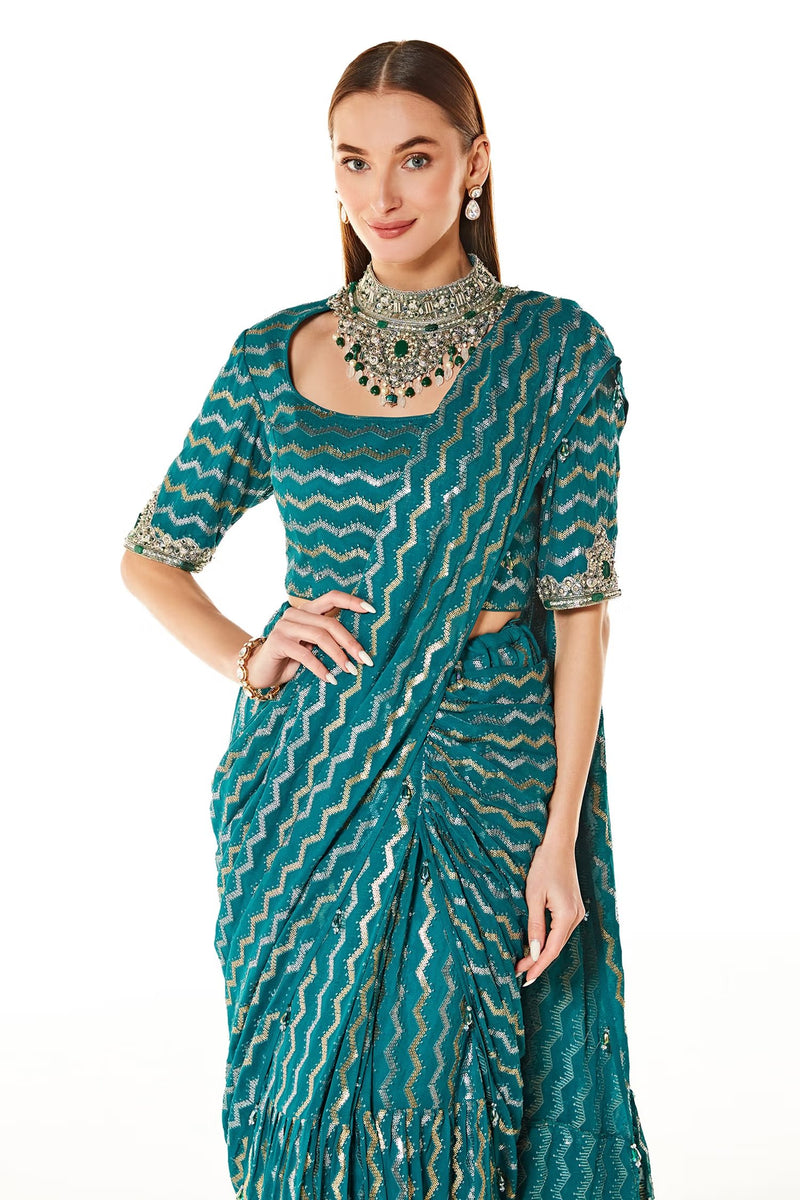 Green Georgette Sairaa Embroidered Pre-draped Saree