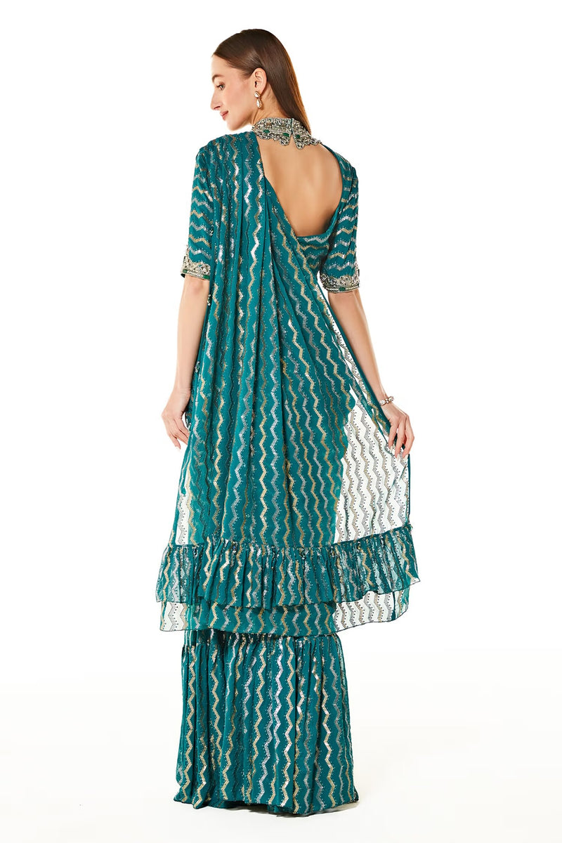 Green Georgette Sairaa Embroidered Pre-draped Saree