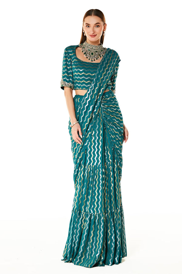 Green Georgette Sairaa Embroidered Pre-draped Saree