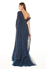 Blue Net Sairaa Embroidered Lehenga Saree Set