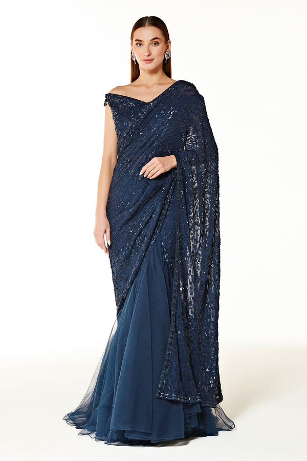 Blue Net Sairaa Embroidered Lehenga Saree Set
