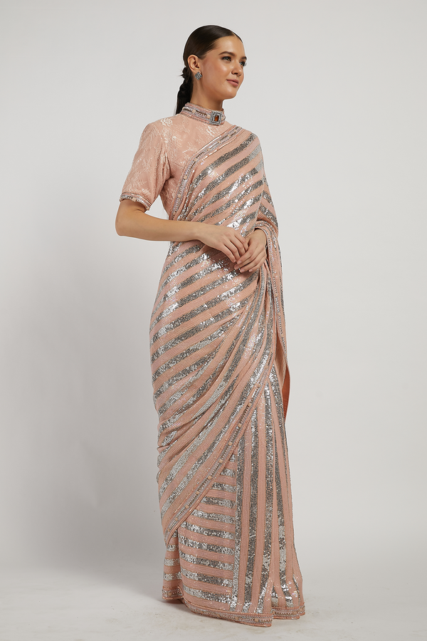 Pink Hand Embroidered Zaynab Saree With Lace Blouse