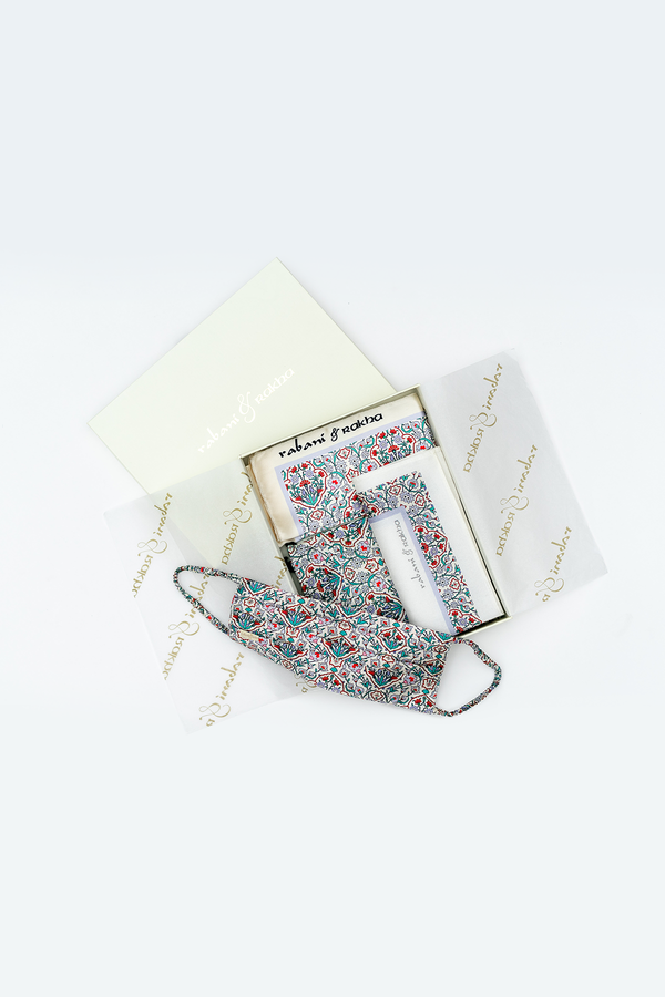 Aqua Mughal Jaal Print Pocket Square and Mask Gift Box