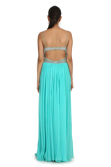 AQUA CHIFFON ROUGHED GOWN WITH JEWEL HAND EMBROIDERED BUSTIER