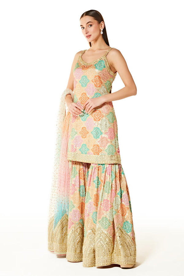Multi Color Ayat Bandhani Kurta Gharara Set