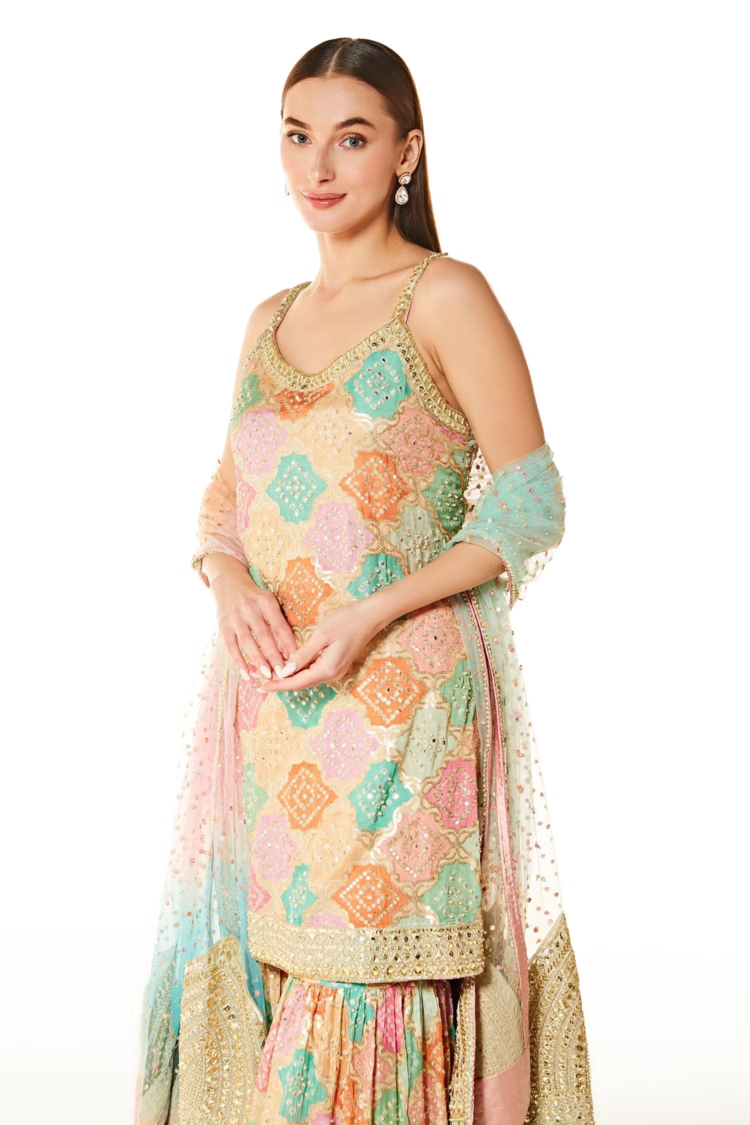 Multi Color Ayat Bandhani Kurta Gharara Set