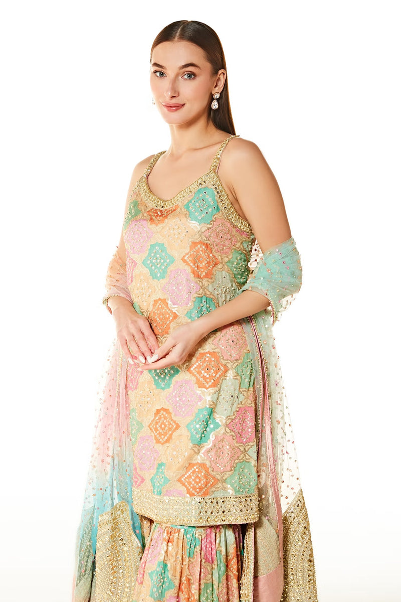 Multi Color Ayat Bandhani Kurta Gharara Set
