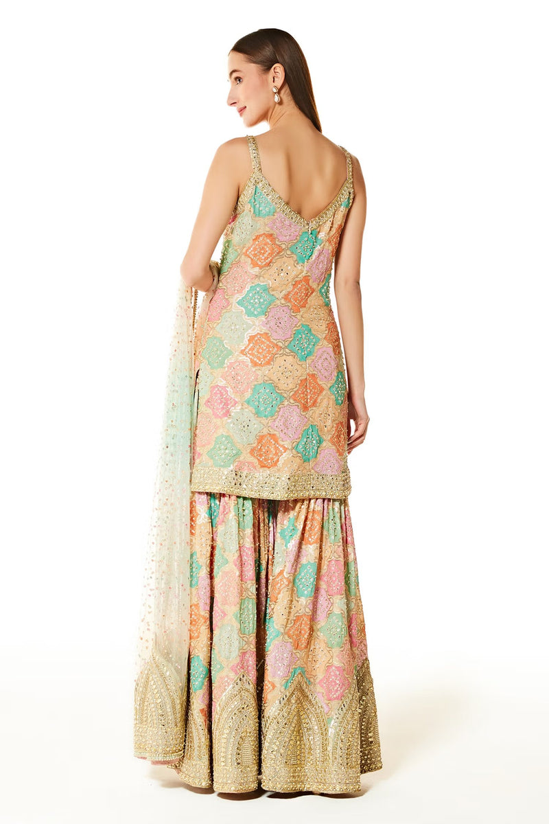 Multi Color Ayat Bandhani Kurta Gharara Set