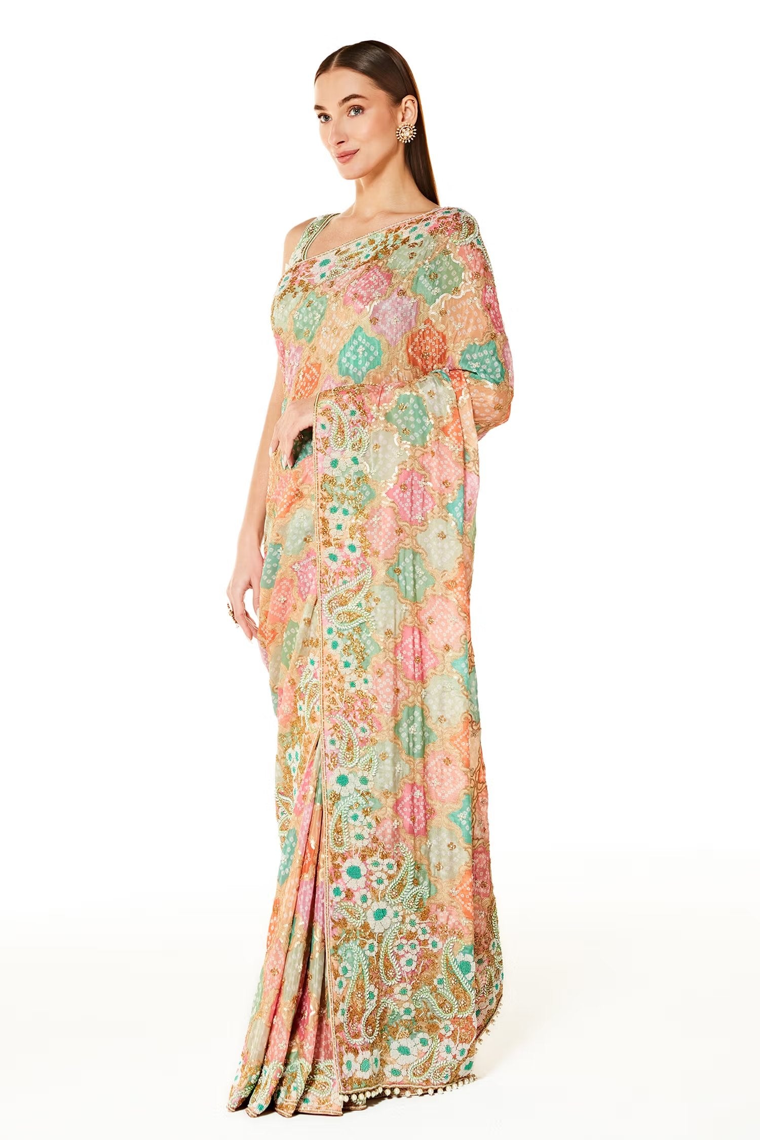 Multi Color Zaynab Bandhani Saree With Embroidered Blouse