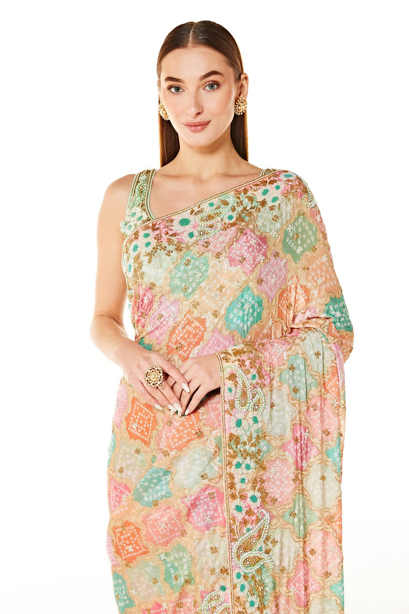 Multi Color Zaynab Bandhani Saree With Embroidered Blouse