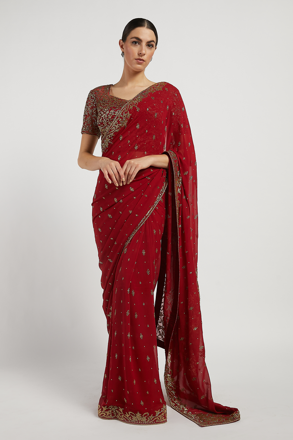 Maroon Hand Embroidered Zaynab Saree Set