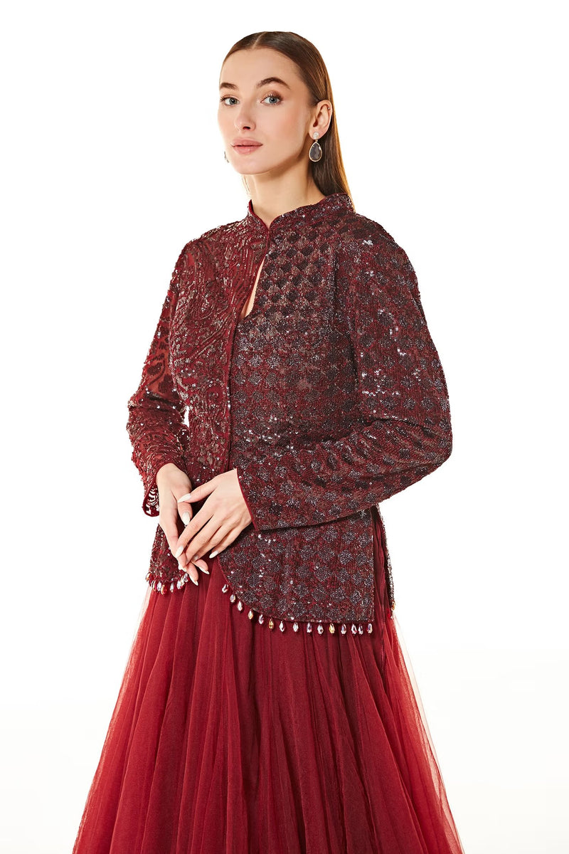 Maroon Net Dalia Peplum Jacket And Lehenga Set