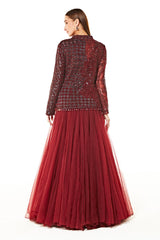 Maroon Net Dalia Peplum Jacket And Lehenga Set