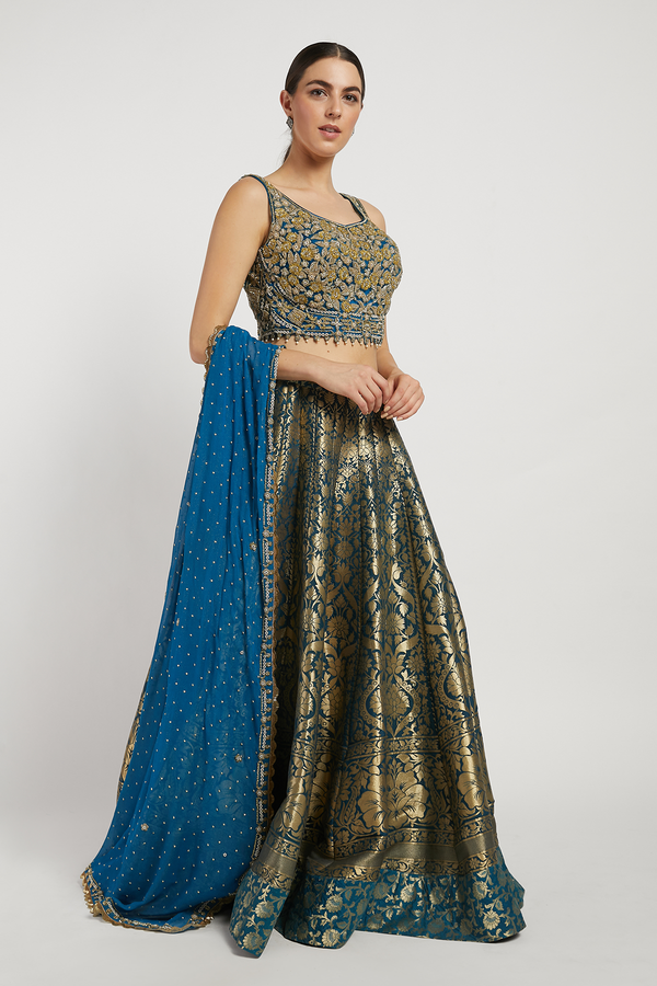 Blue & Gold Hand Embroidered Nadia Lehenga Set