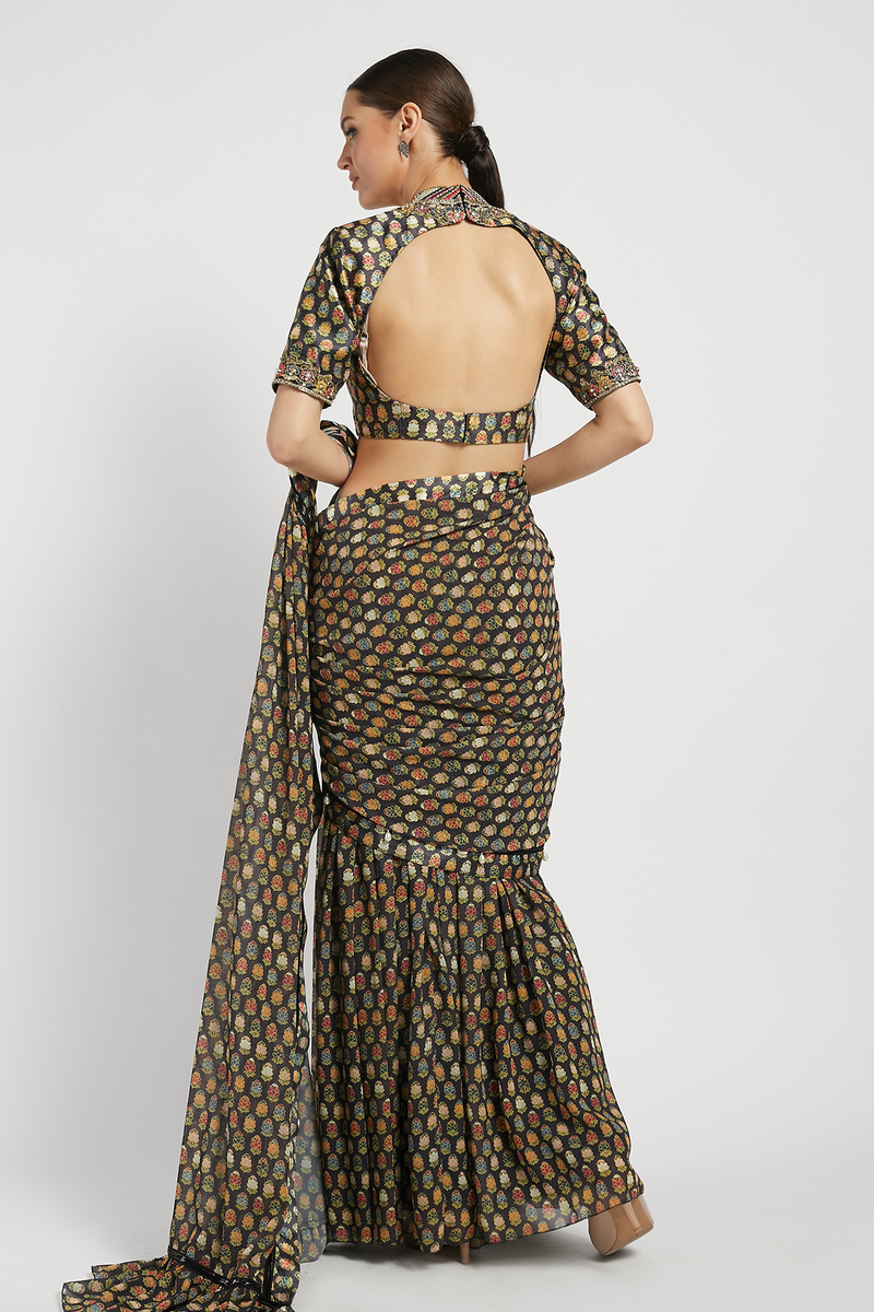 Black Draped Sairaa Saree Set With Butti Work