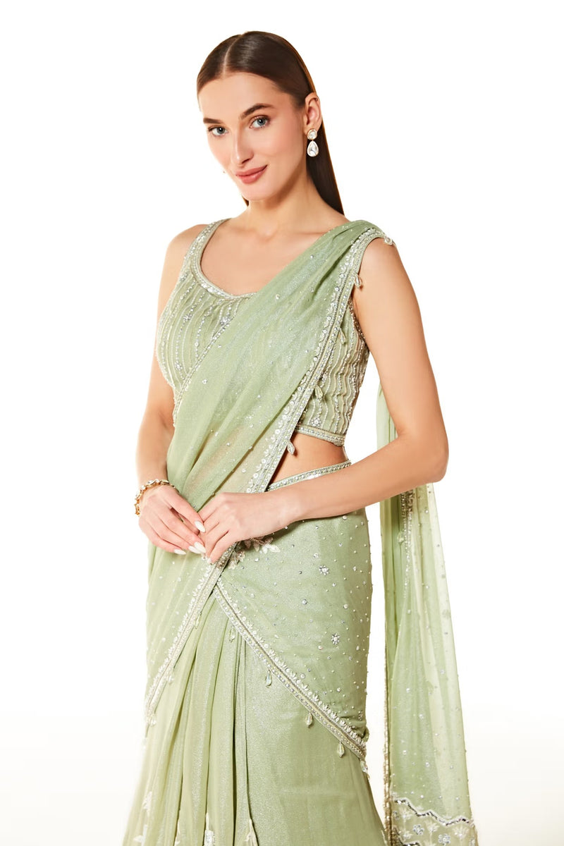 Green Georgette Adha Embroidered Lehenga Saree Set