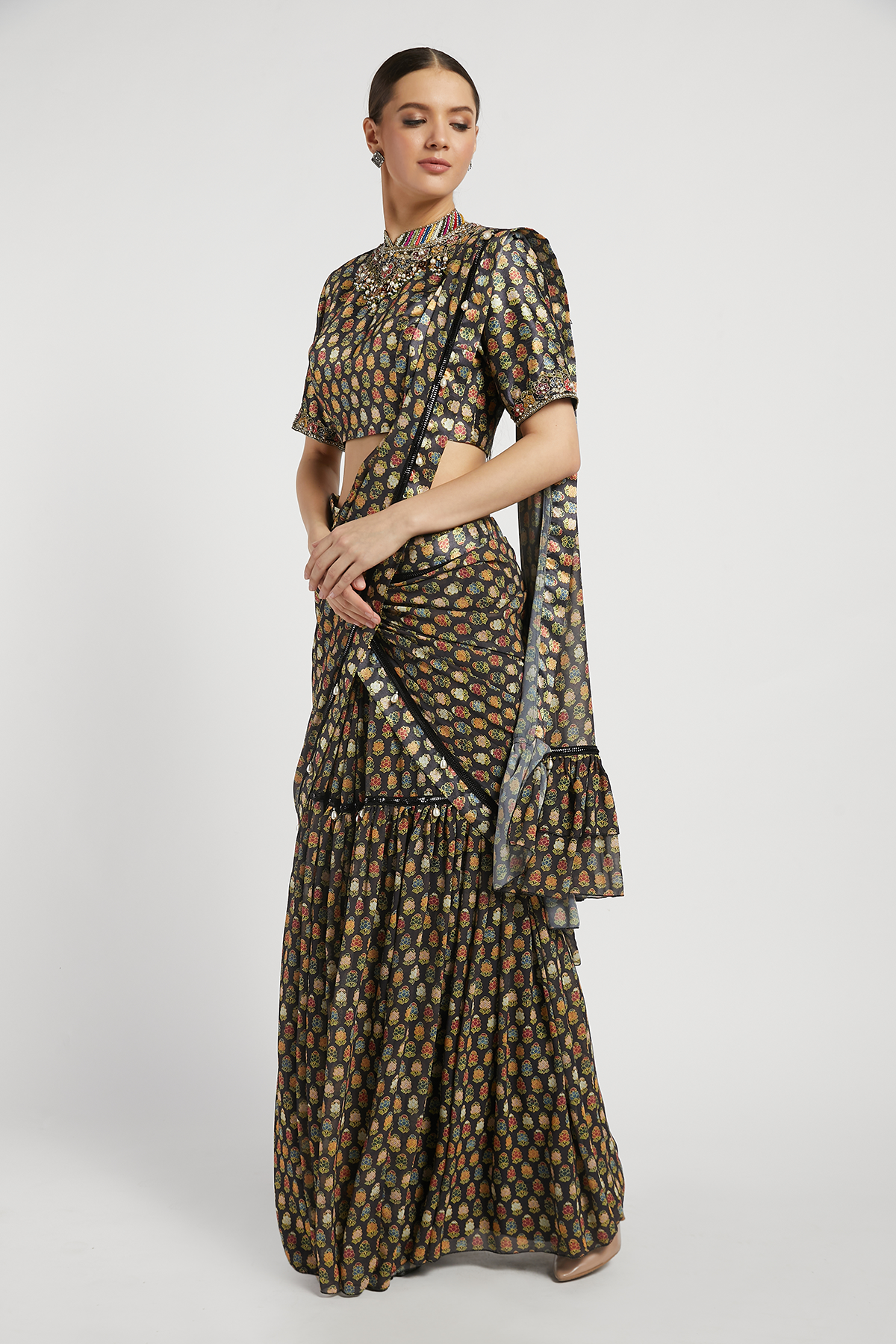 Black Draped Sairaa Saree Set With Butti Work