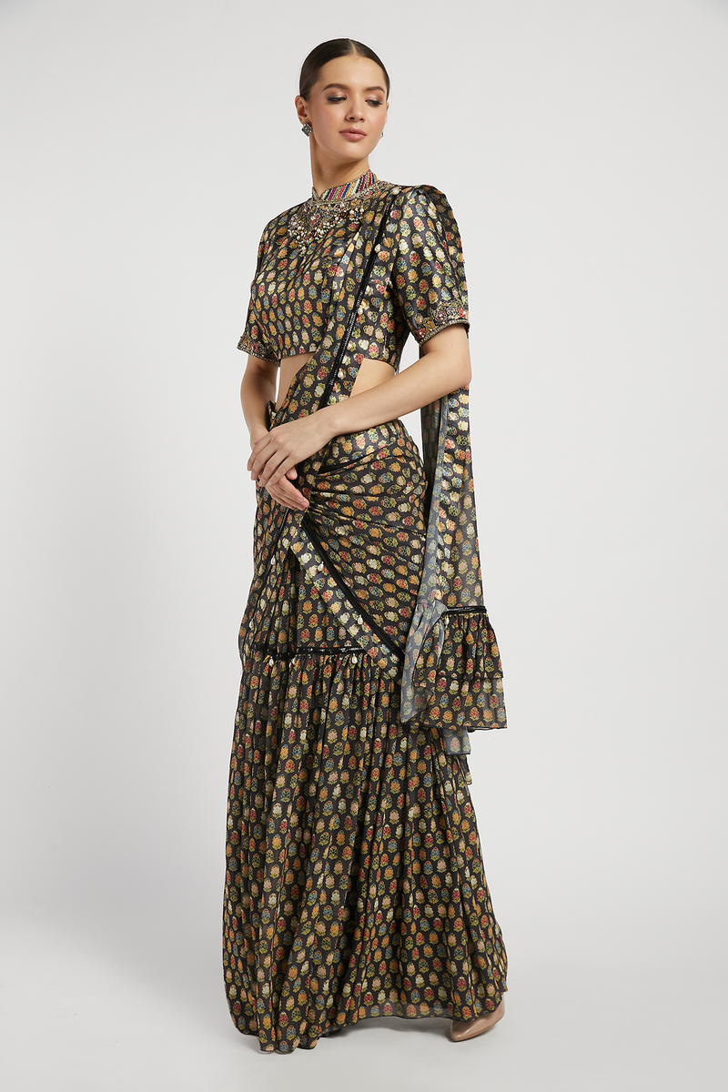 Black Draped Sairaa Saree Set With Butti Work