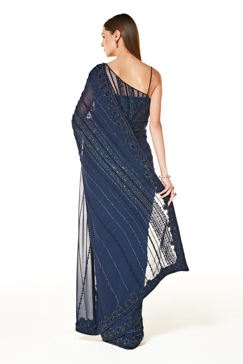 Blue Georgette Zaynab Embroidered Saree With Strappy Blouse