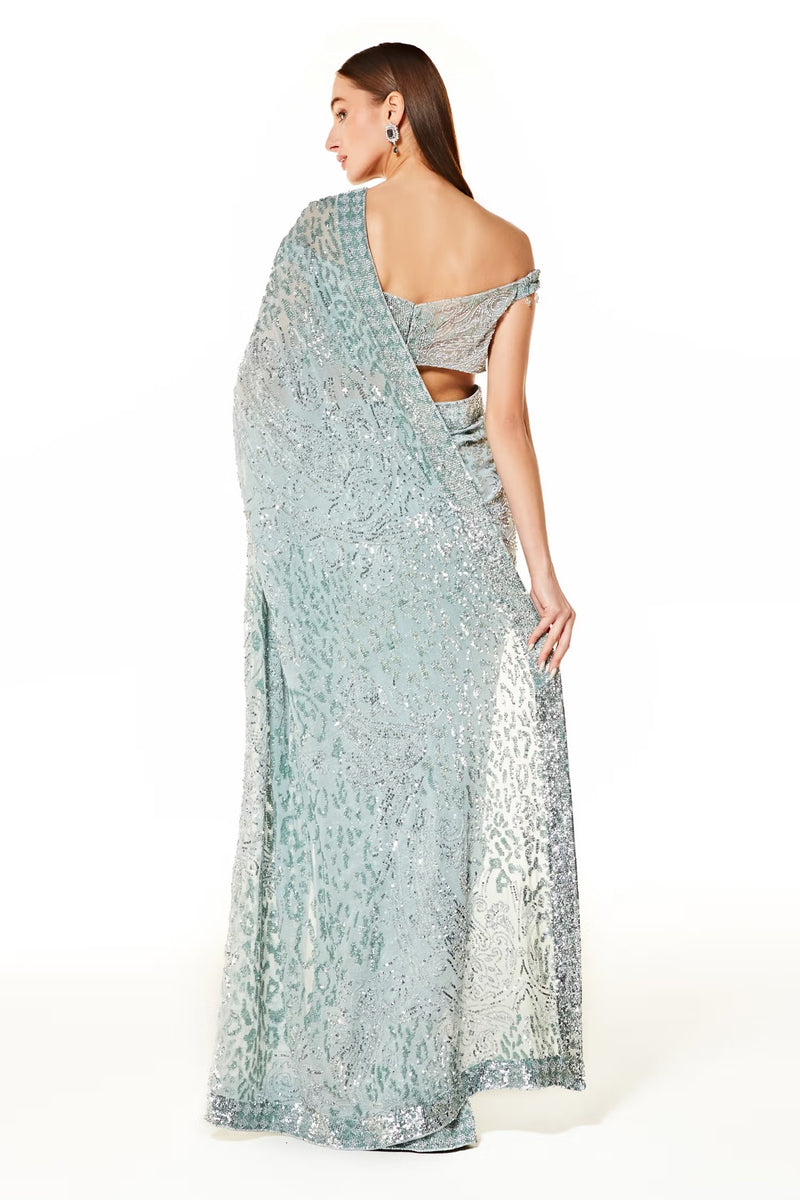 Silver Georgette Zaynab Hand Embroidered Saree