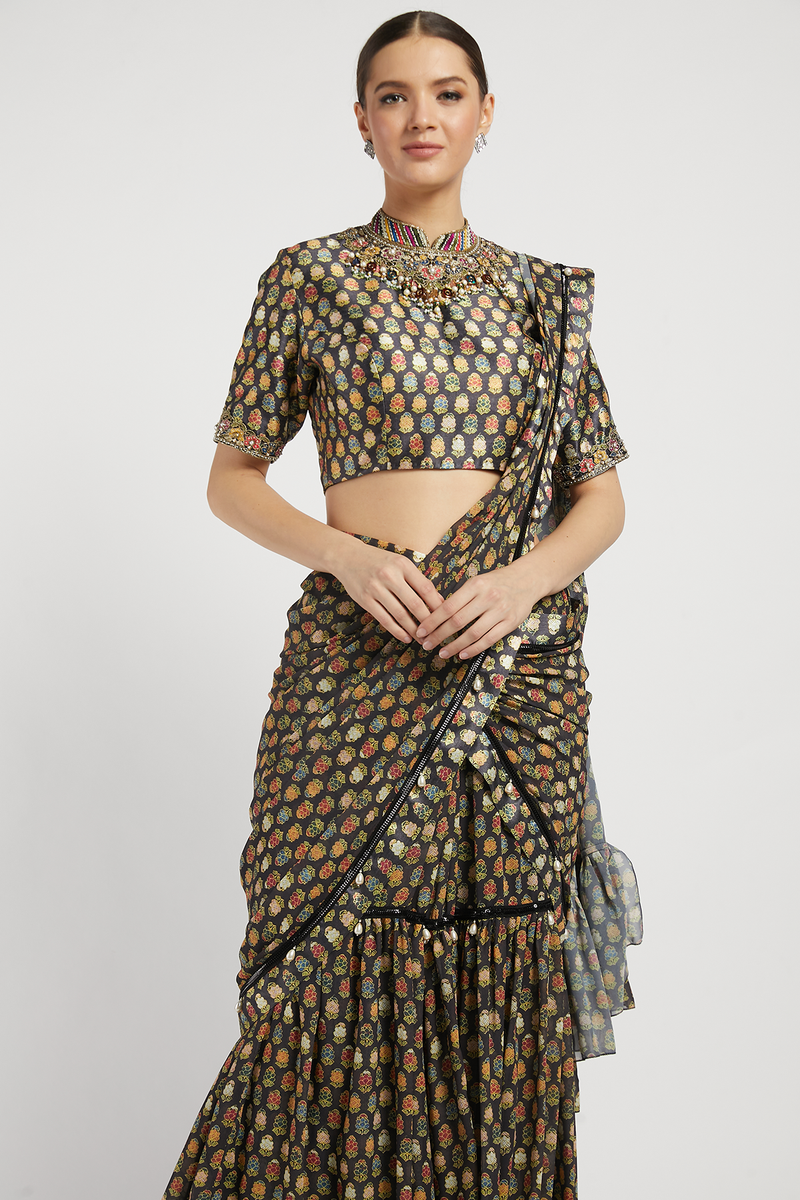 Black Draped Sairaa Saree Set With Butti Work