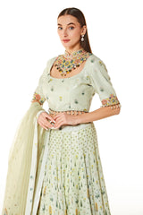 Green Organza Nadia Floral Print Sequin Lehenga Set
