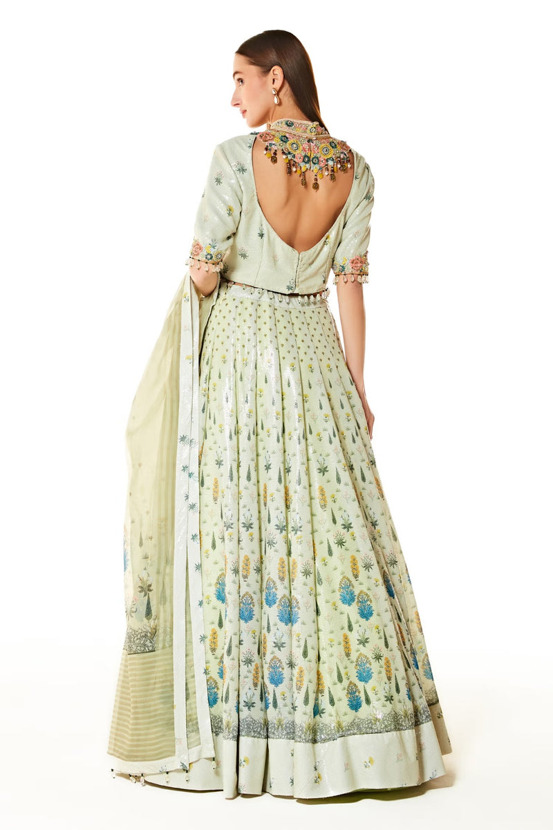 Green Organza Nadia Floral Print Sequin Lehenga Set
