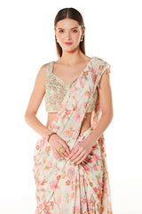 Ivory Georgette Sairaa Floral Embroidered Saree Set