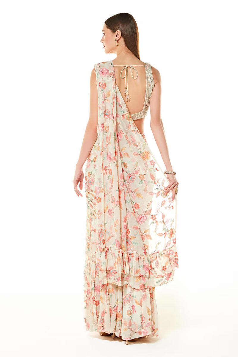 Ivory Georgette Sairaa Floral Embroidered Saree Set