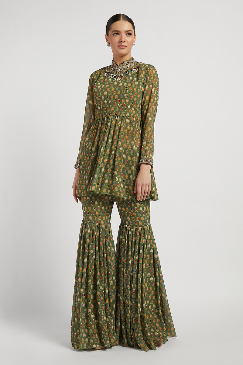 Green Peplum Dalia Kurta Set With Butti Work