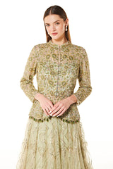 Sage Net Dalia Peplum Jacket And Lehenga Set